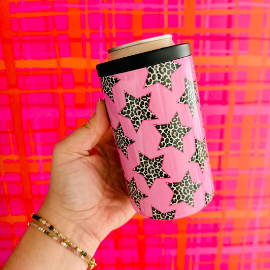 12 oz Can Cooler, Cheetah Stars on Pink