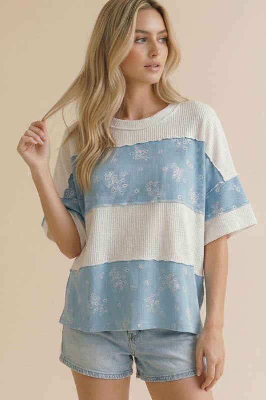 Short Sleeve Solid Rib Floral Color Block Top