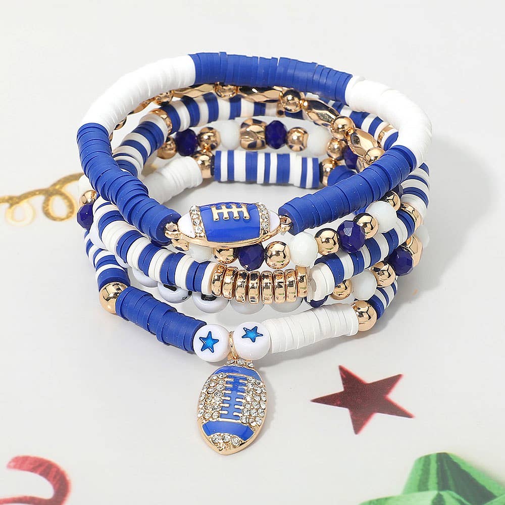 5PCS - GAME DAY Football Charm Heishi Faceted Beaded Stretch Multi Layered Bracelets