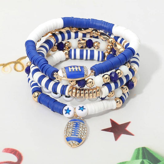 5PCS - GAME DAY Football Charm Heishi Faceted Beaded Stretch Multi Layered Bracelets