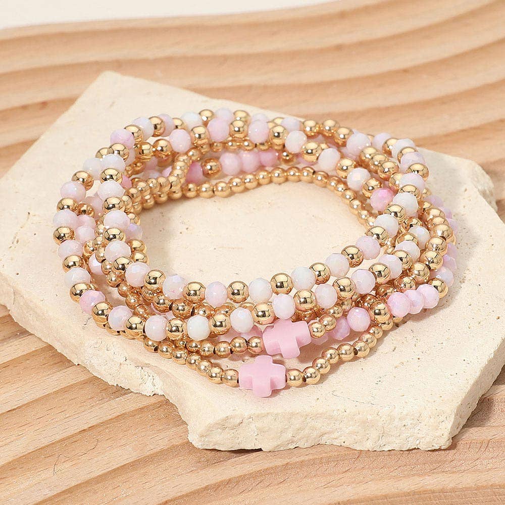 6PCS - Cross Charm Faceted Beaded Stretch Multi Layered Bracelets