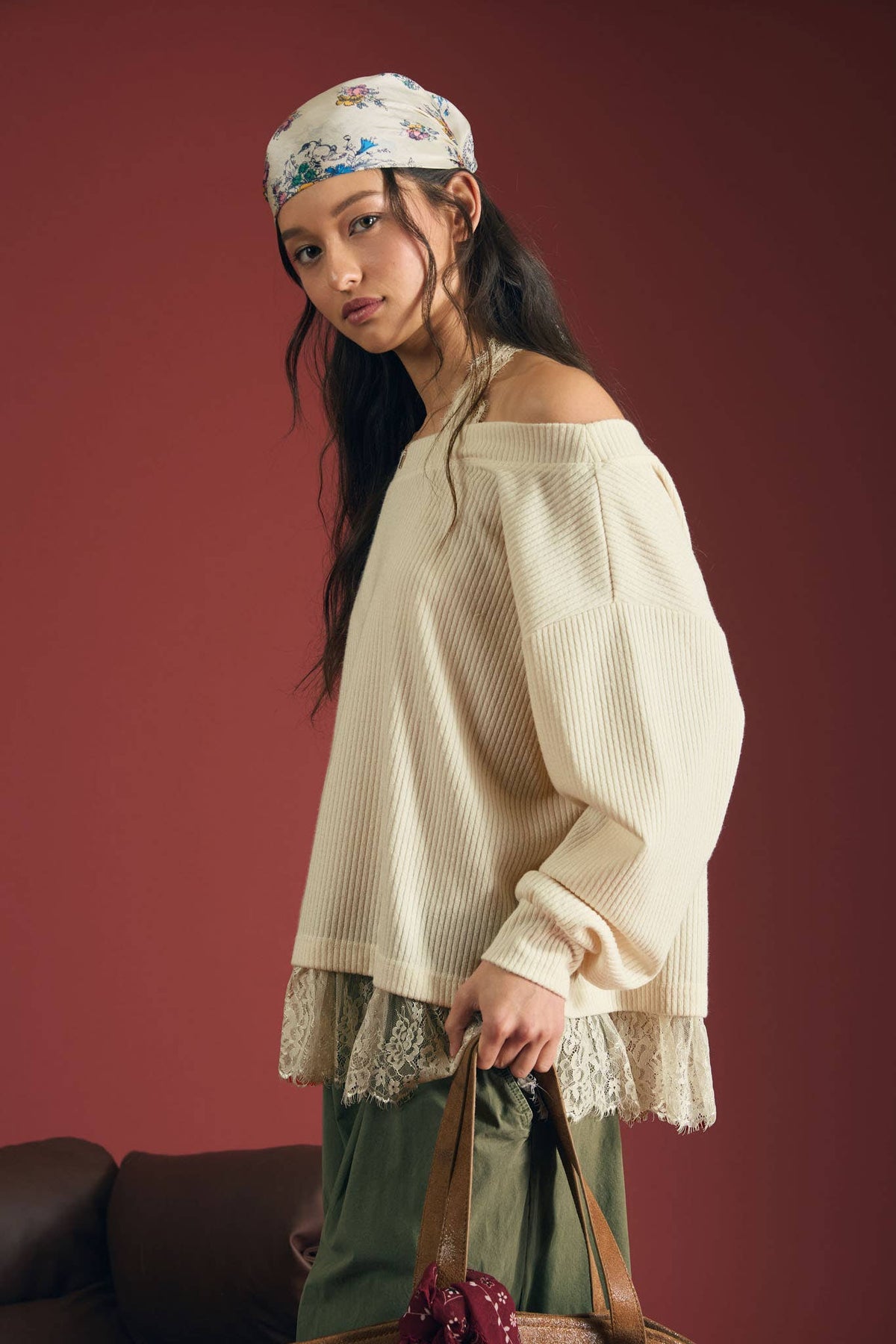 LAYERED HALTER LACE NECK OFF-SHOULDER KNIT TOP