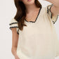 V NECK WAVY TRIM RUFFLE SLEEVE TOP
