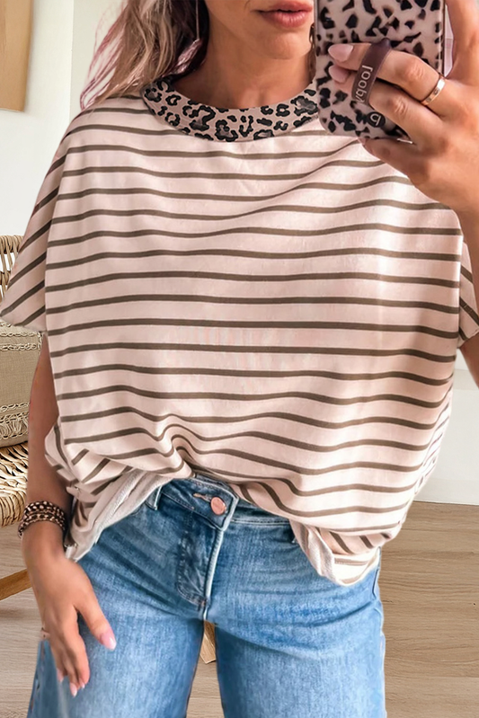 Stripe Leopard Patchwork Round Neck Loose Top
