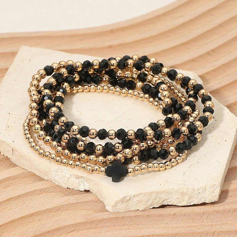 6PCS - Cross Charm Faceted Beaded Stretch Multi Layered Bracelets