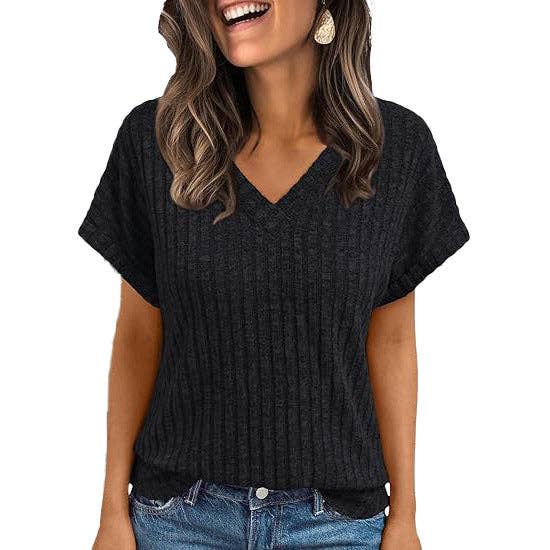 Ribbed Knit V-Neck Top – Relaxed Fit Casual Summer Tee