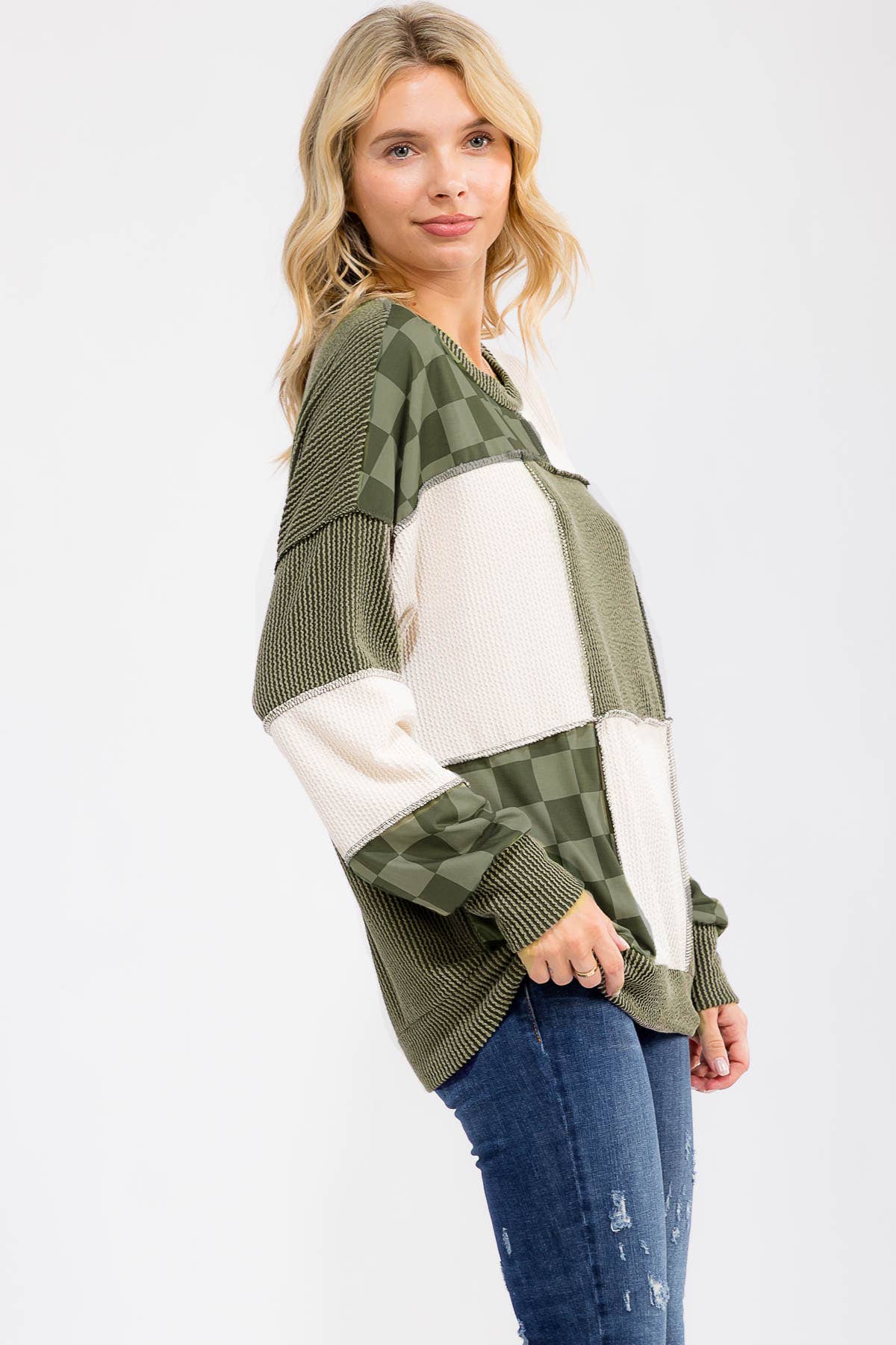 Patchwork Rib And Checkerboard Pullover Top