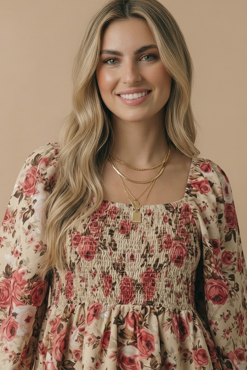 Plus V Neck Floral Babydoll Smocking Fit Top
