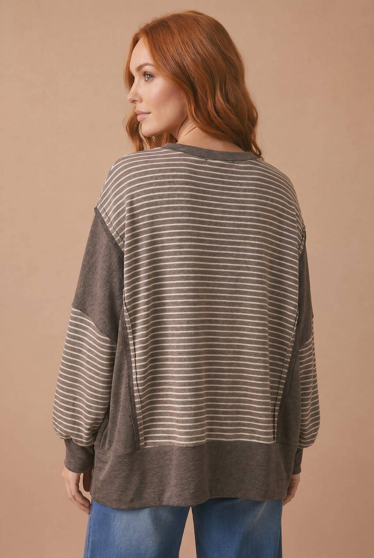 Drop Shoulder Stripe Color Block Pullover Top