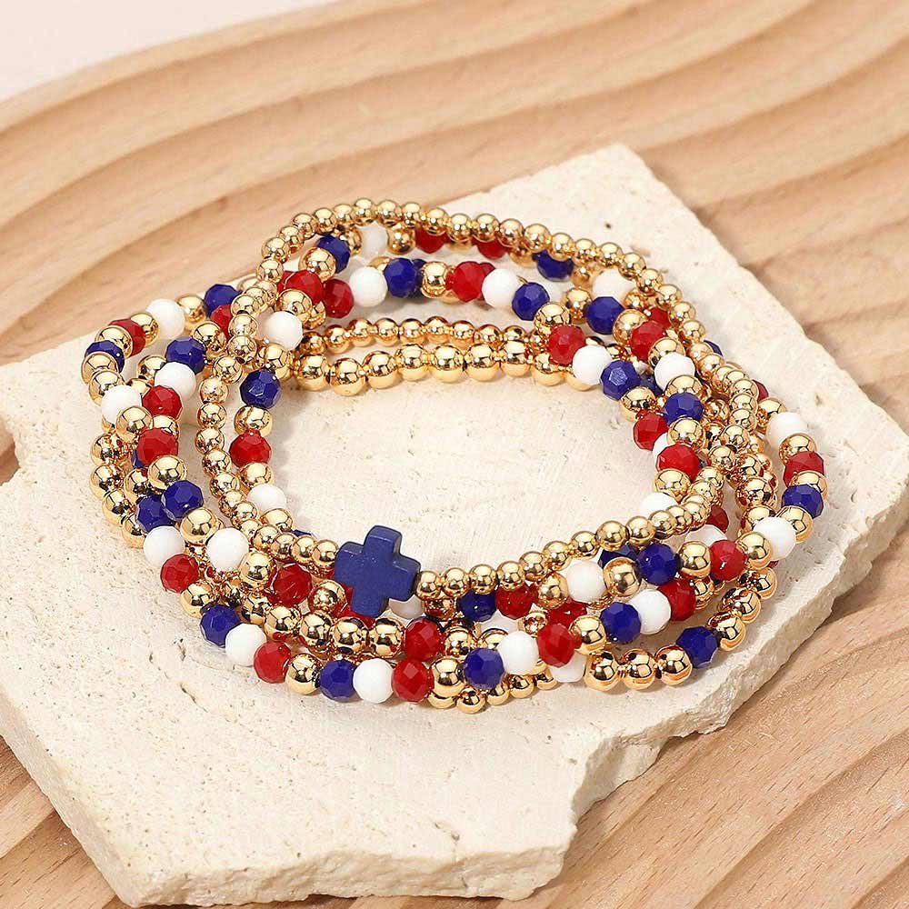 6PCS - Cross Charm Faceted Beaded Stretch Multi Layered Bracelets