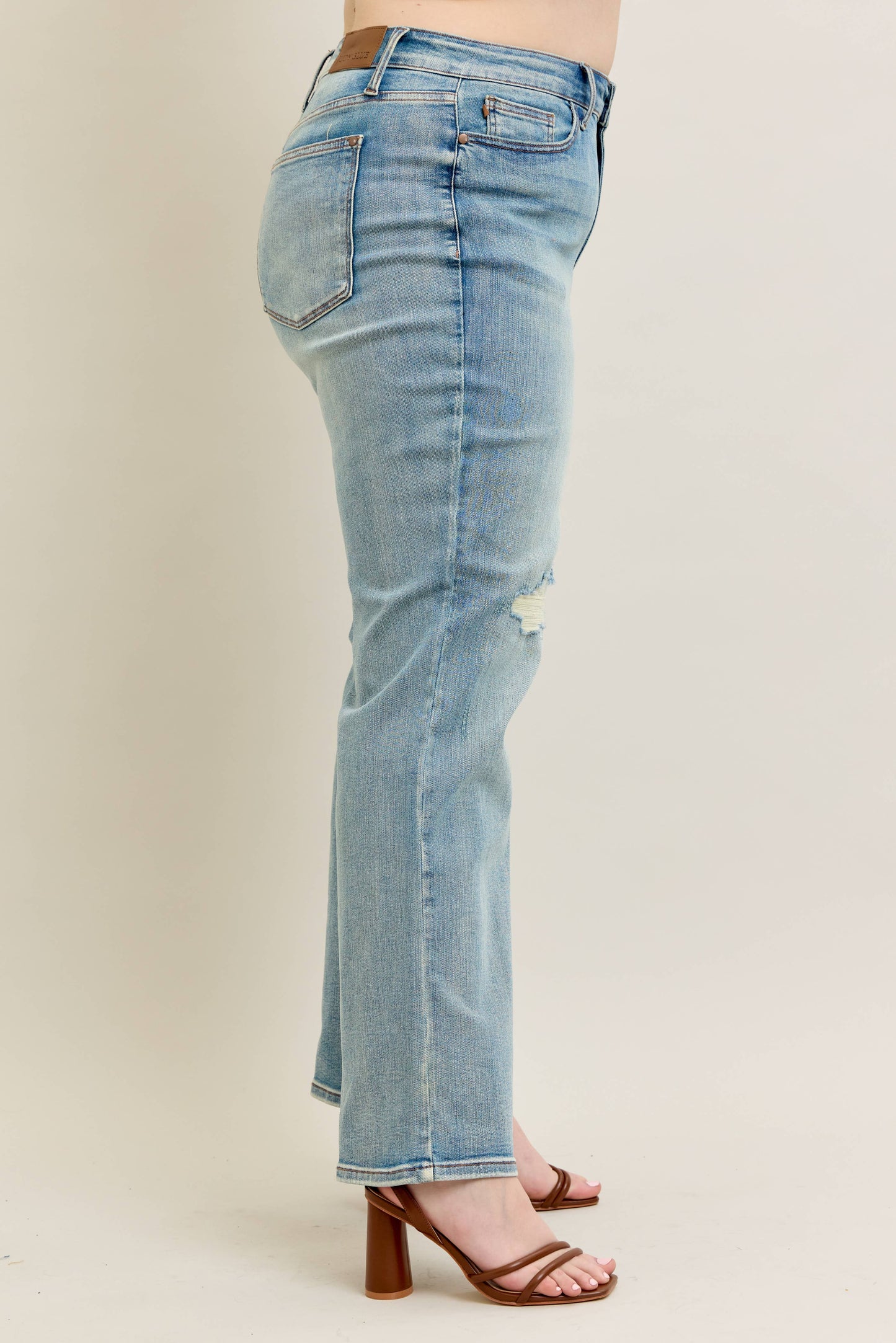 High Waisted Distressed & Knee Patch Straight- PLUS