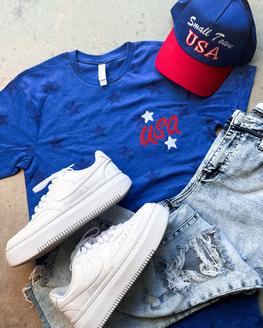 USA Blue Star Adult Embroidery Graphic Tee