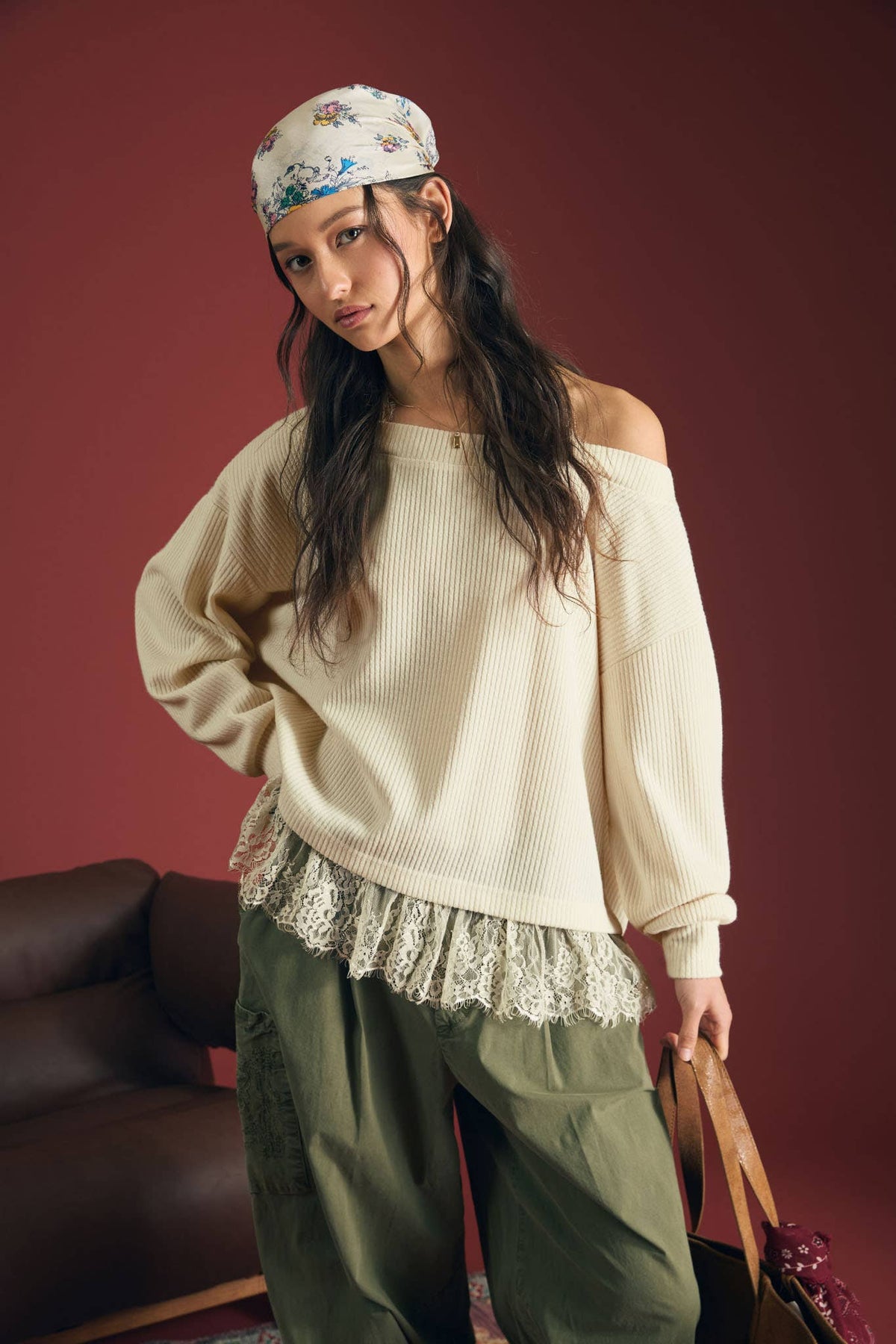 LAYERED HALTER LACE NECK OFF-SHOULDER KNIT TOP