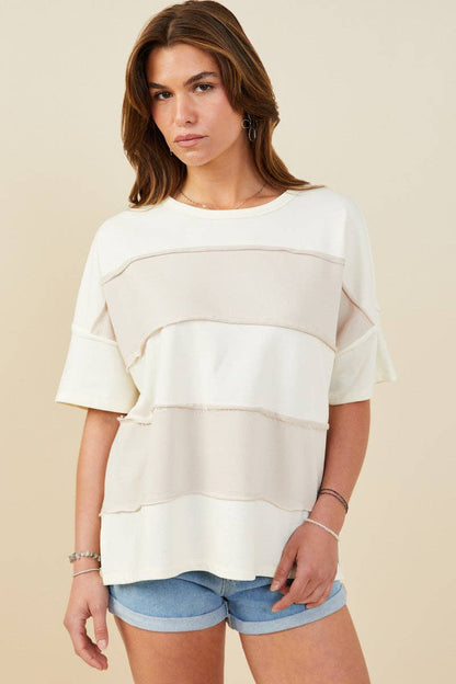 Womens Raw Edge Detail Color Block French Terry Knit Top