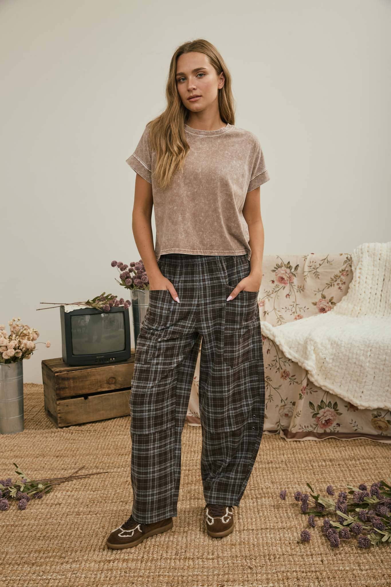 WASHED SHORT SLEEVE BOXY KNIT TOP