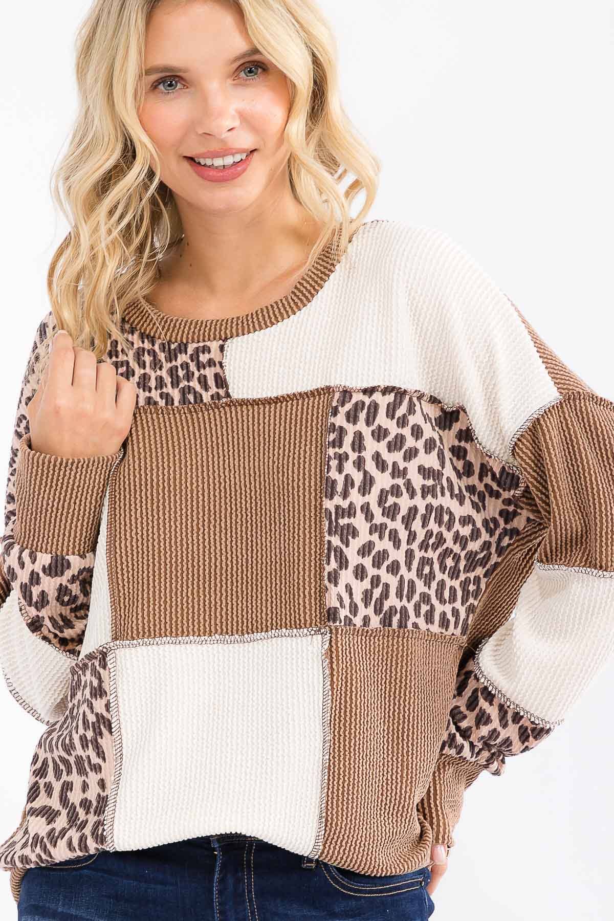 Leopard Patchwork Color Block Rib Knit Pullover Top