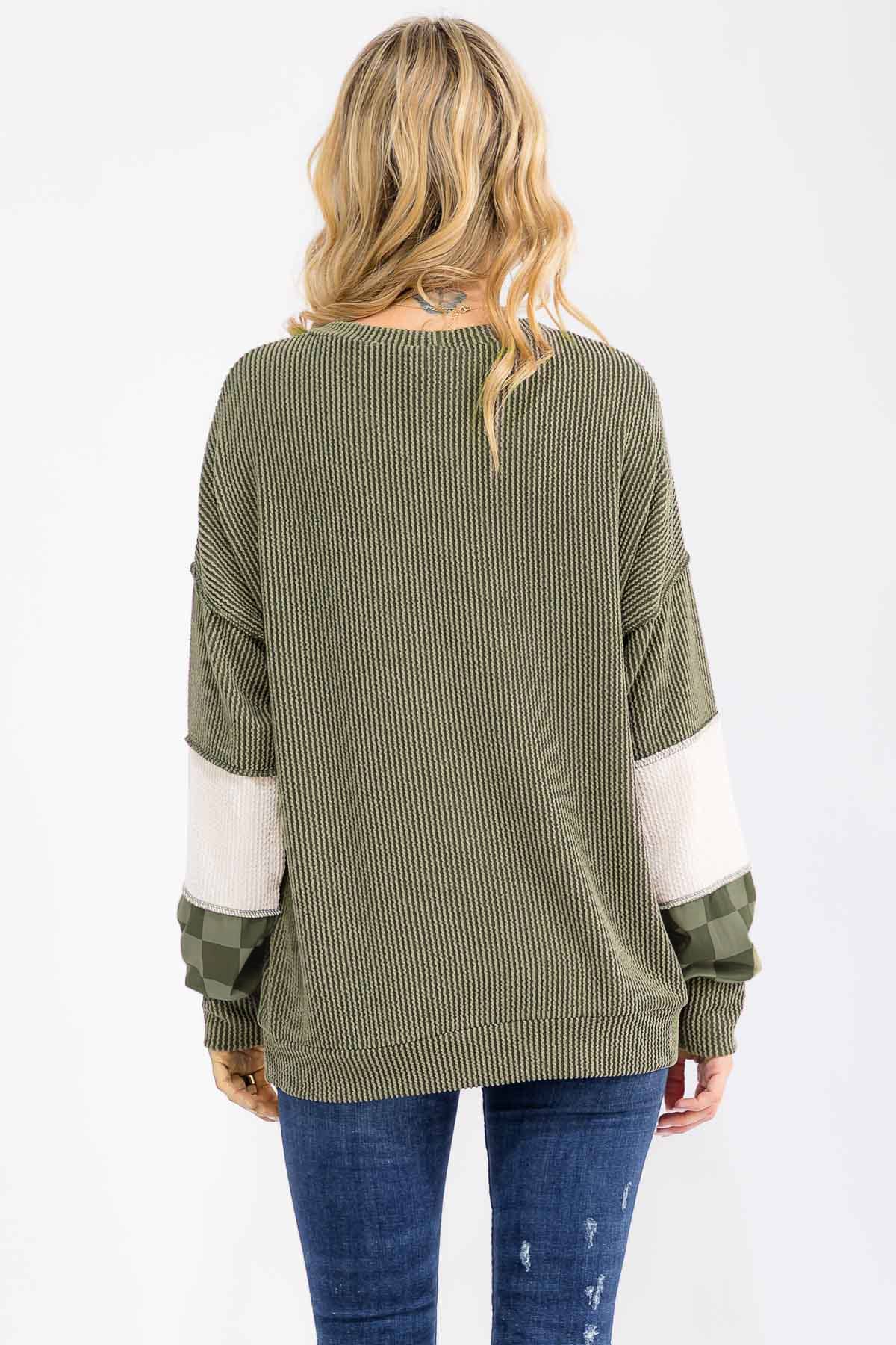 Patchwork Rib And Checkerboard Pullover Top