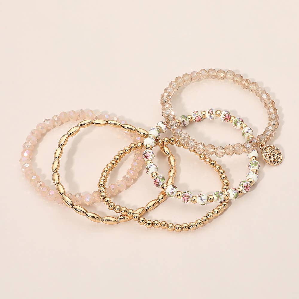 5PCS - Flower Stem Embossed Oval Charm Faceted Beaded Stretch Multi Layered Bracelets