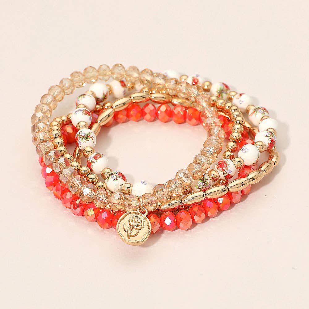 5PCS - Flower Stem Embossed Oval Charm Faceted Beaded Stretch Multi Layered Bracelets
