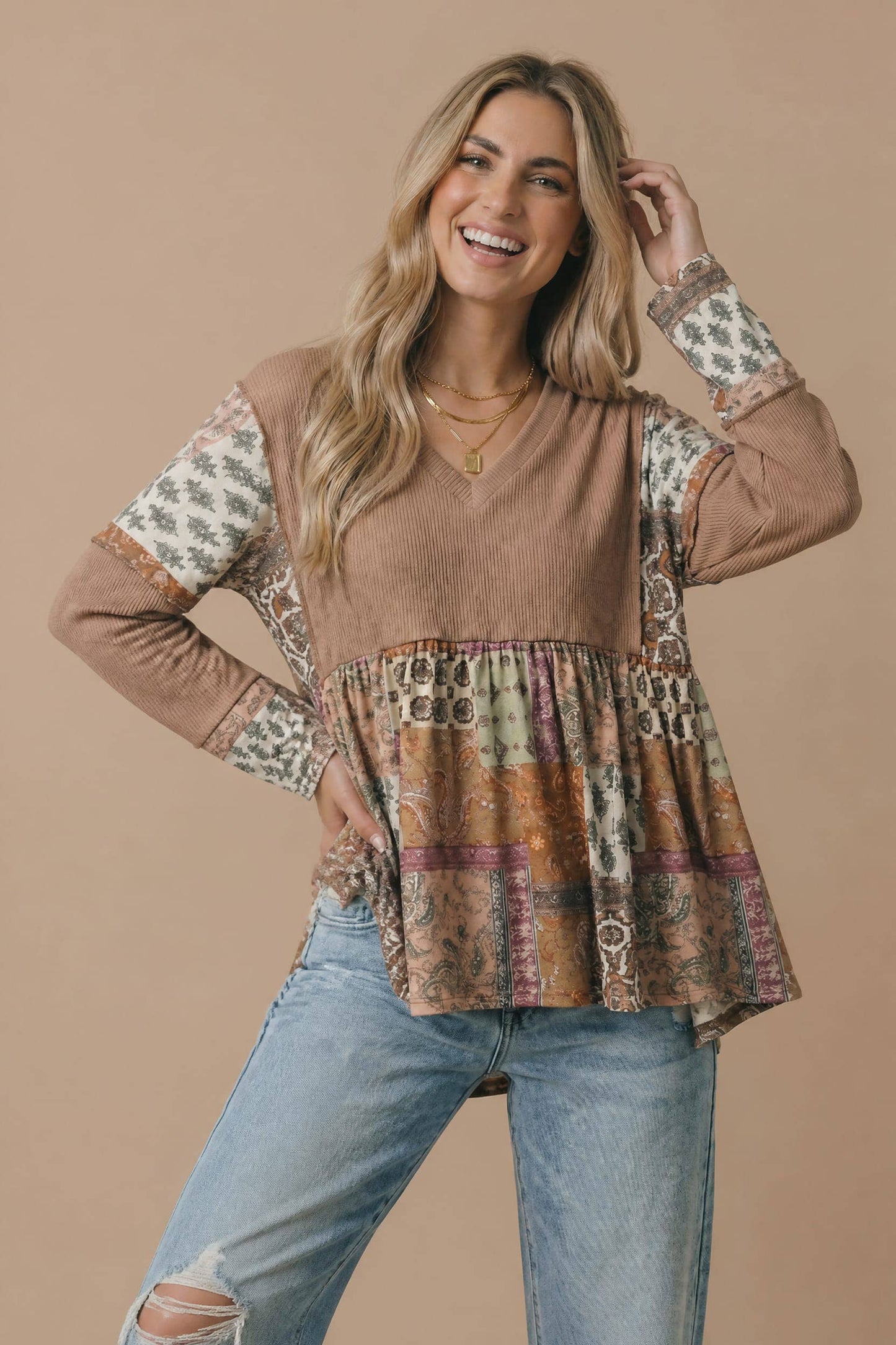 Boho Print Color Block Knit Top