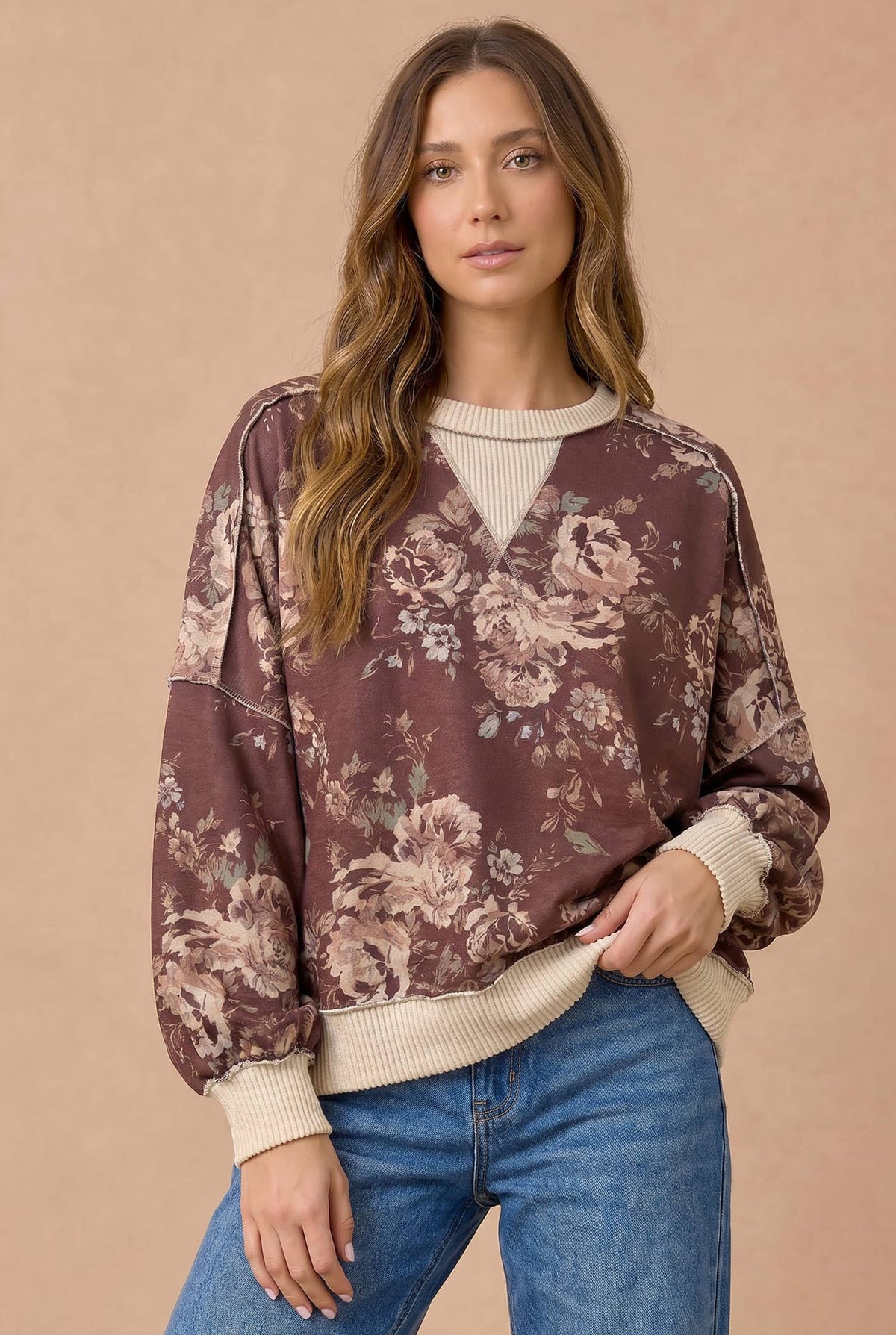 Color Block Floral Pullover Knit Top
