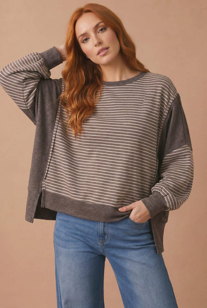Drop Shoulder Stripe Color Block Pullover Top