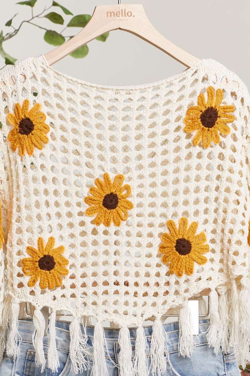 Boat Neck Fishnet SunFlower Top with Fringe detail