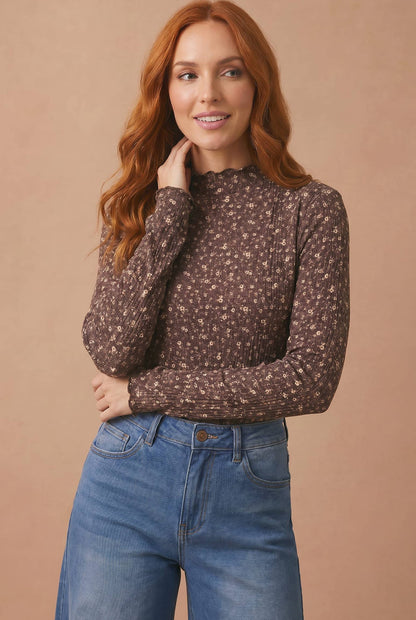 Floral Embossed Rib Frilled Merrow Hem Top