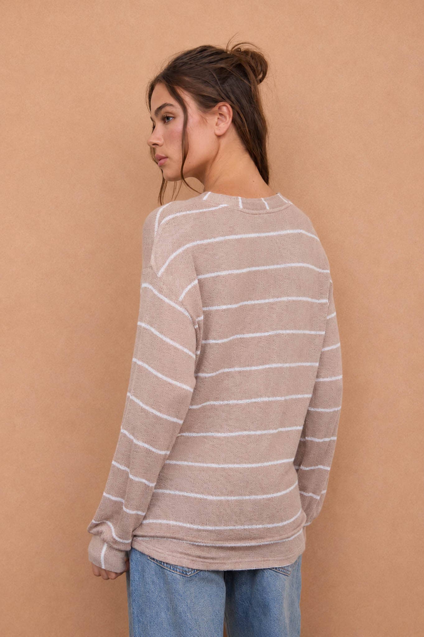 STRIPE LONG SLEEVE CUFFED RELAXED KNIT TOP