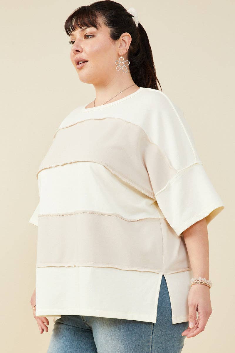 Womens Raw Edge Detail Color Block French Terry Knit Top