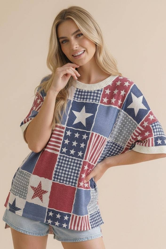 Round Neck Star and Stripe Patchwork Print