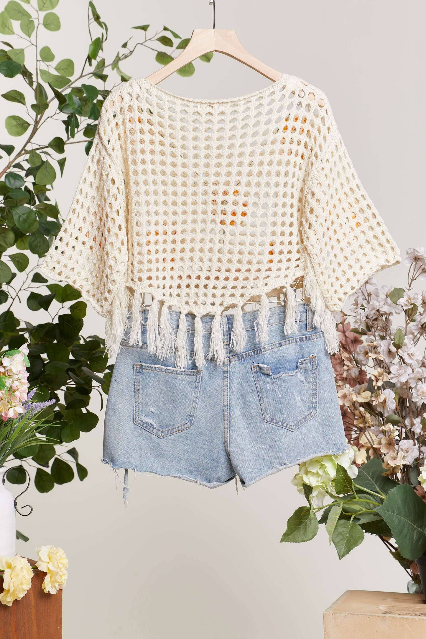 Boat Neck Fishnet SunFlower Top with Fringe detail