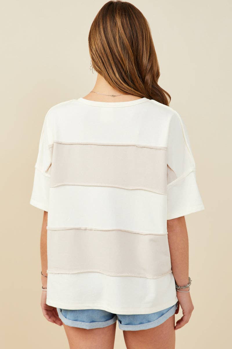 Womens Raw Edge Detail Color Block French Terry Knit Top