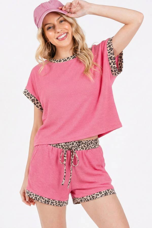 Leopard Print Trim Waffle Knit Loungewear Set