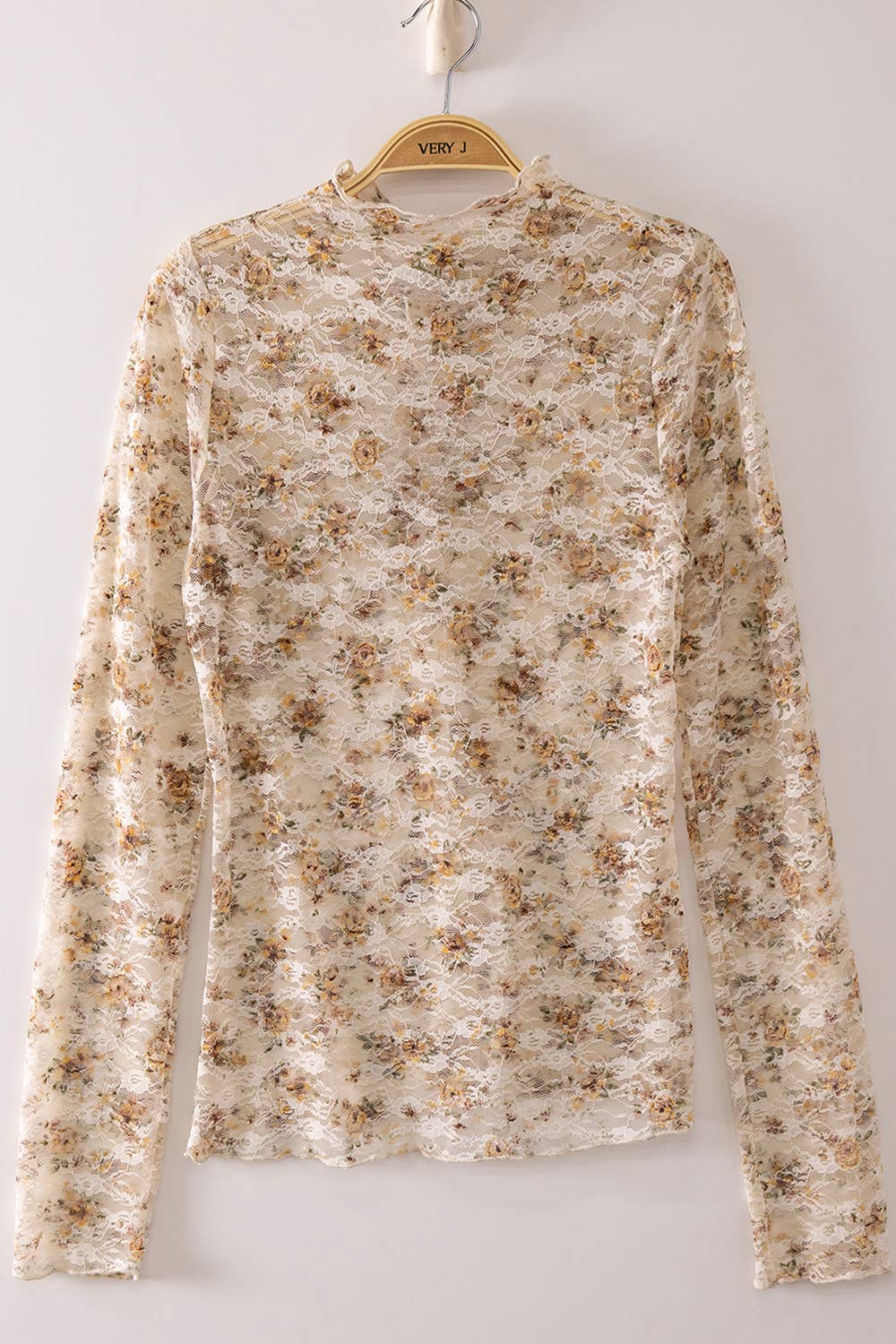 High Neck Fitted Sheer Mesh Lace Knit Top