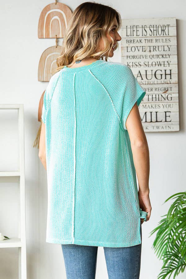 Solid Rib V Neck Side Slits Short Sleeve Top