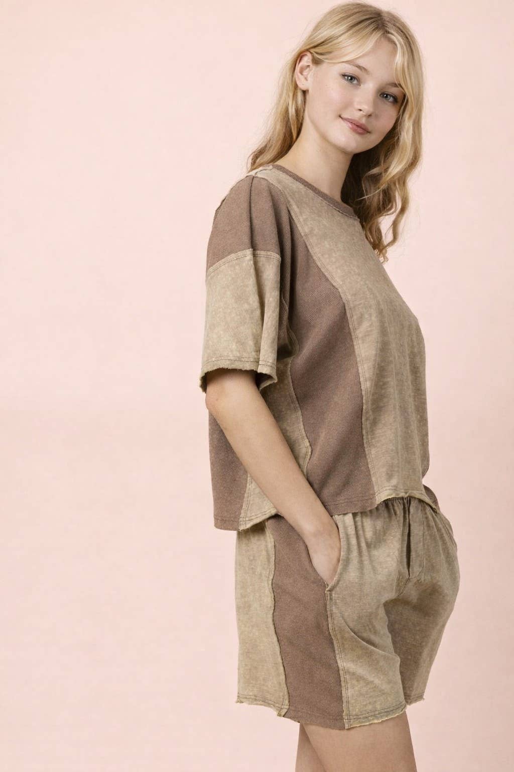Mineral Washed Casual Knit Top & Short Plus Sized