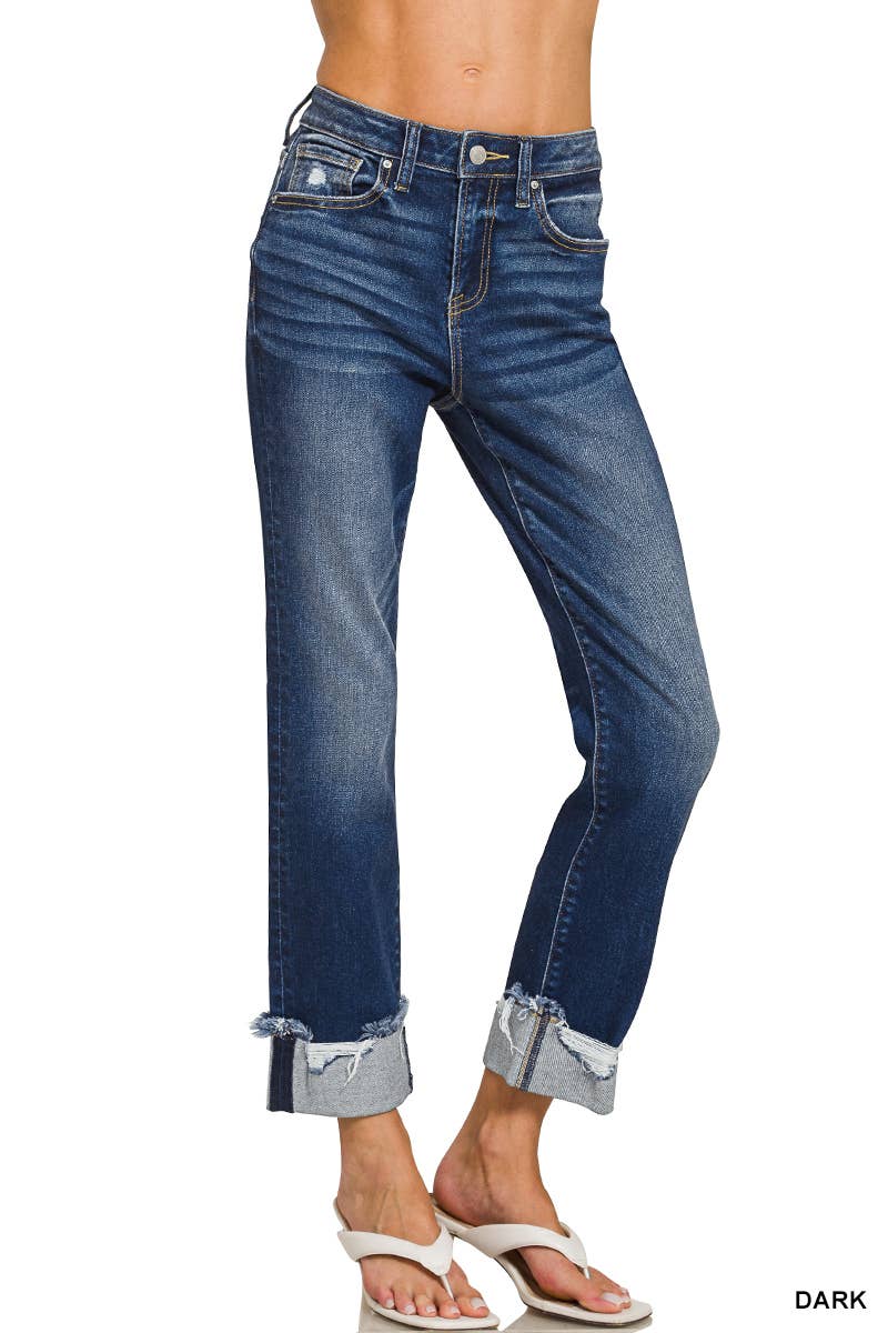 0303 Cuffed Distressed Hem Denim Pants SI-28860 Zenana