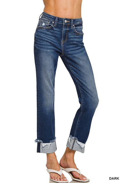 0303 Cuffed Distressed Hem Denim Pants SI-28860 Zenana