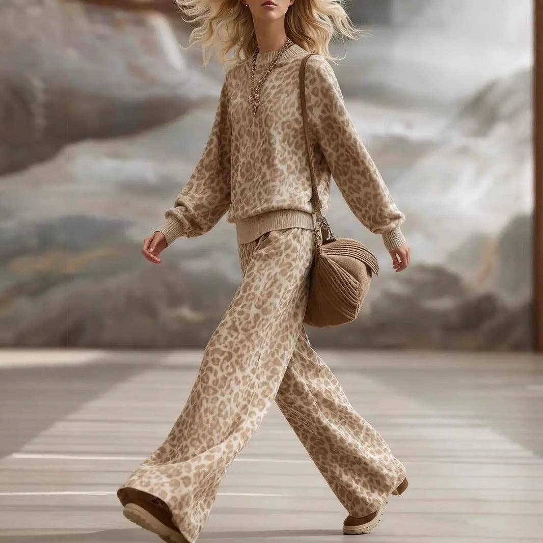 Leopard Print Knit Two Piece Wide Leg Pants Set