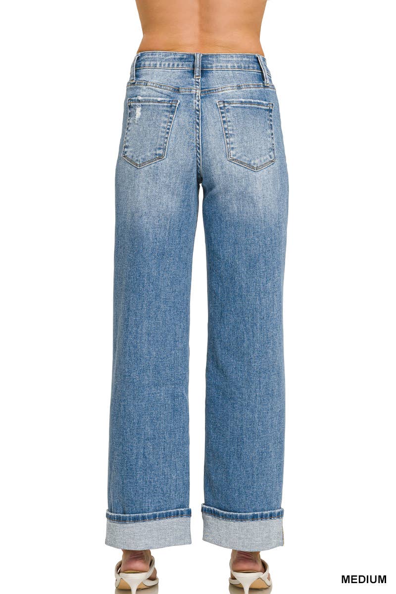 High Rise Cuffed Wide Leg Denim Pants - Zenana