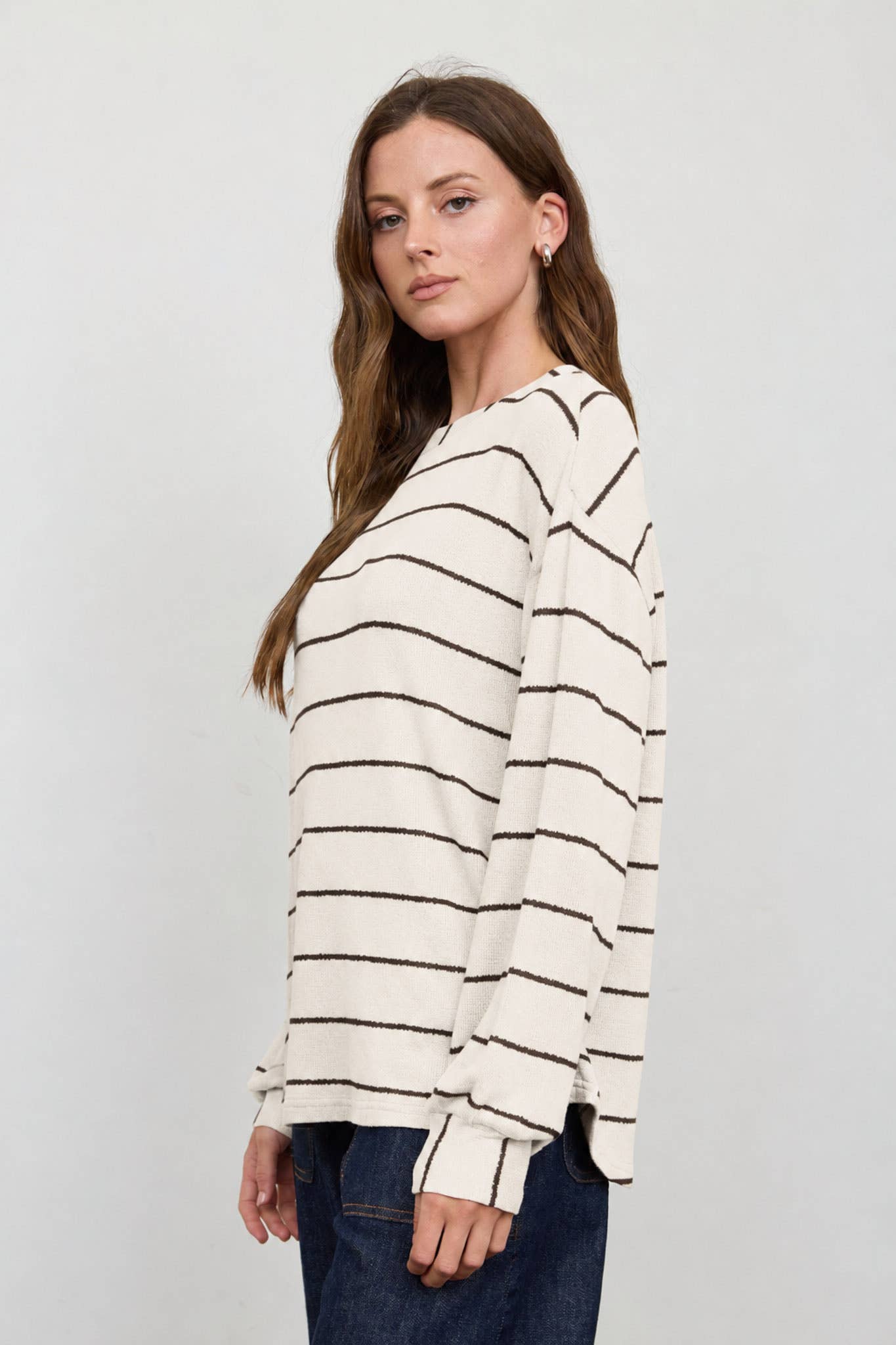 STRIPE LONG SLEEVE CUFFED RELAXED KNIT TOP
