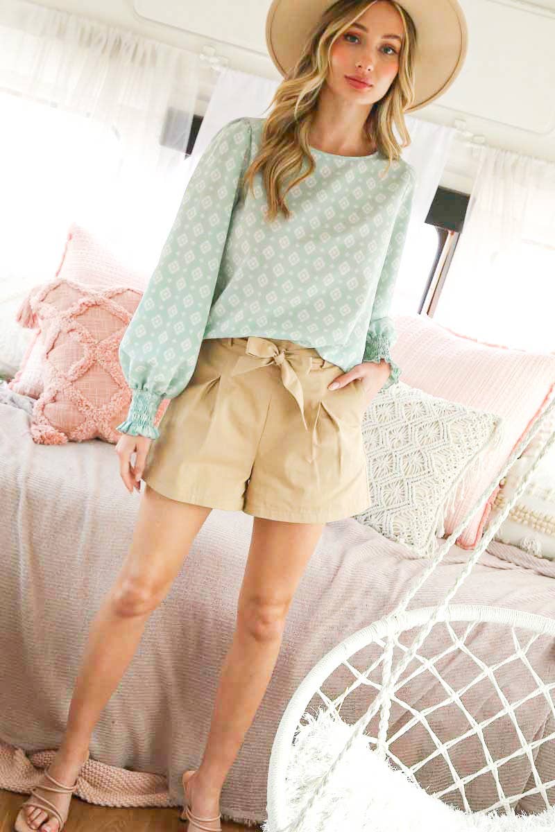 Geo Print Crew Neck Puff Sleeve Blouse