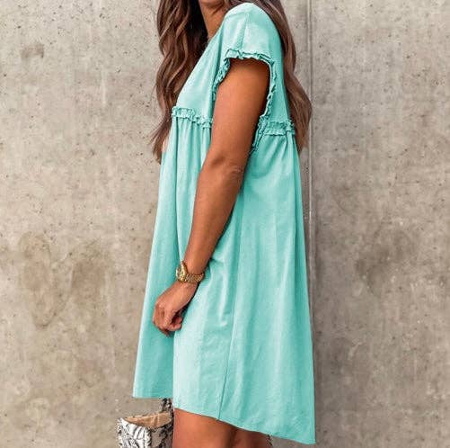 Frilled Trim Crew Neck Loose Fit Mini Dress