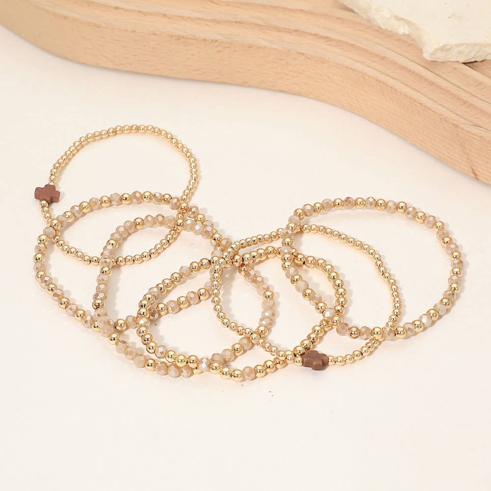 6PCS - Cross Charm Faceted Beaded Stretch Multi Layered Bracelets