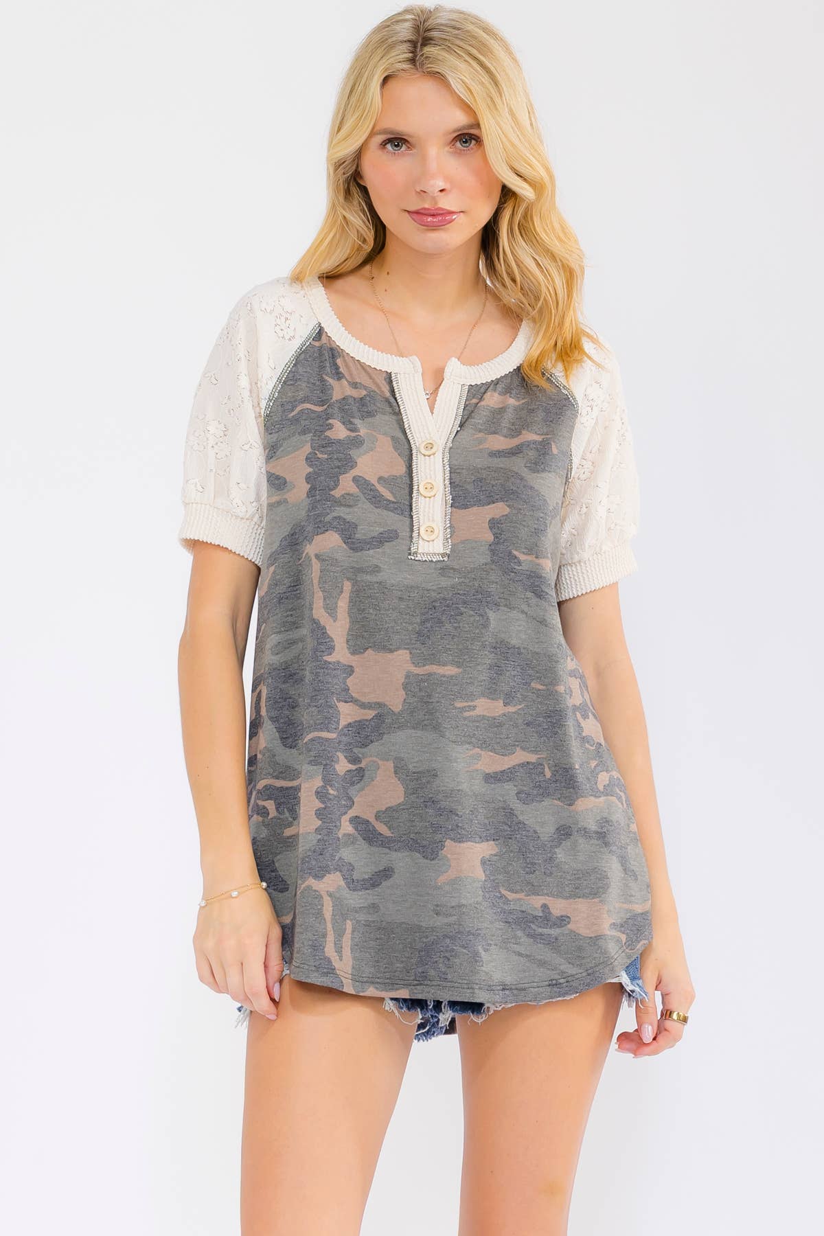 Camo Short Sleeve Henley Top