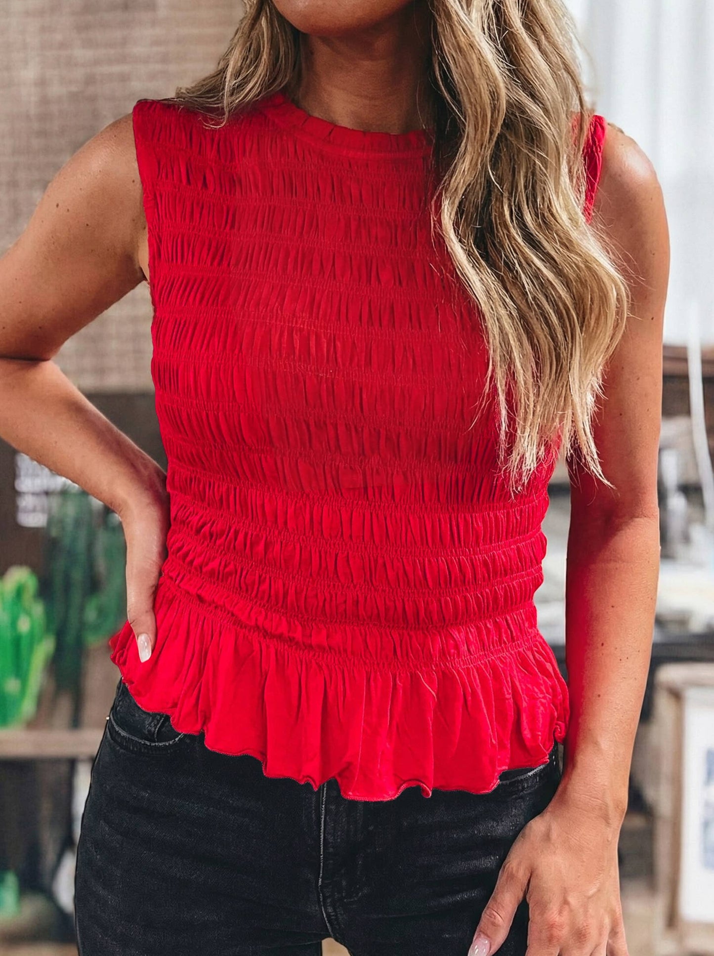 Western Solid Shirred Sleeveless Round Neck top
