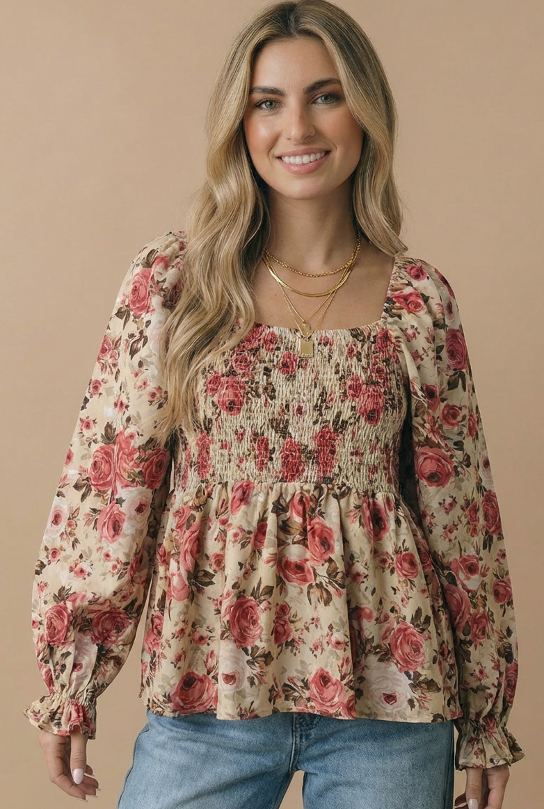 Plus V Neck Floral Babydoll Smocking Fit Top