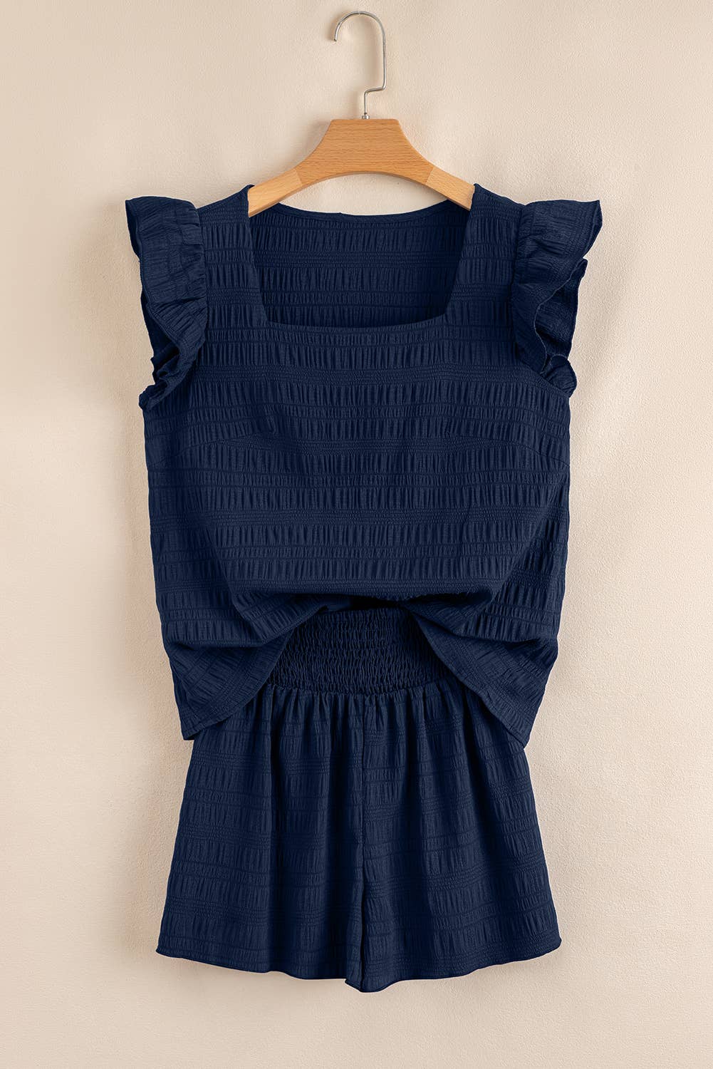 Textured Square Neck Top and Shirred Shorts Set