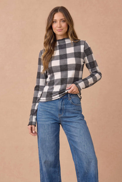 Buffalo Check Mock Neck Long Sleeve Knit Top